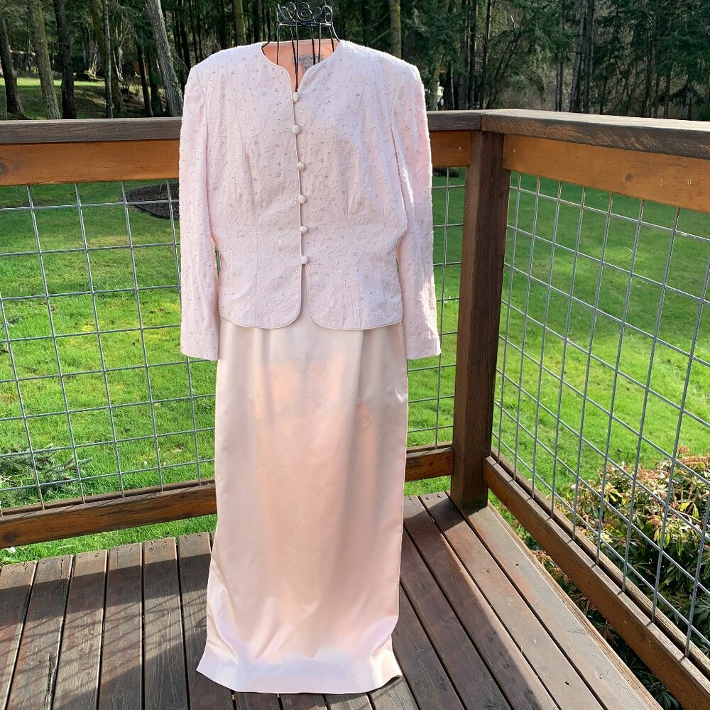 Beautiful Kay Unger size 6 Pink Silk Beaded Jacket & Pink Silk Maxi Pencil Skirt